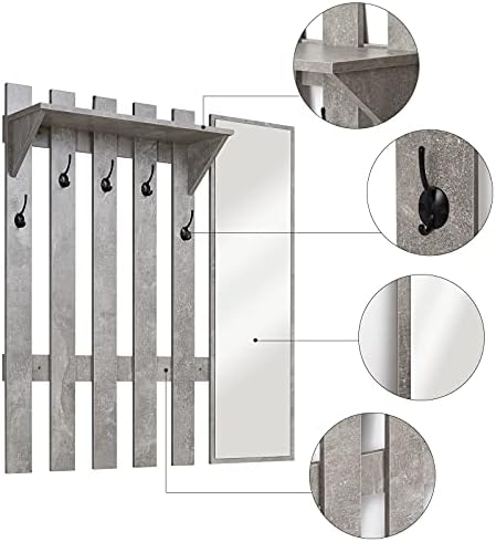 39.4" Coat Rack Wall Mount with Mirror, Wall Shelf with 5 Hooks and Storage for Hallway Entryway Modern (Grey) - Image 2
