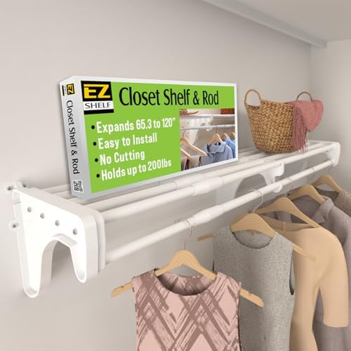 EZ Shelf - White Expandable 65.3” to 120” Closet Rod and Shelf - 200 lbs. Capacity – Quick - Install Closet Shelves for Closets, Laundry Rooms, and Offices – Mounts to Back Wall with 2 End Brackets by EZSHELF