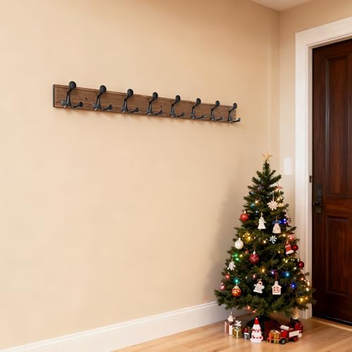SKOLOO 43-Inch Wood Coat Rack Wall Mount with 8 Triple Hooks - Ideal for Family Entrances, Classrooms, and Pet Supplies Storage - Perfect Coat Hooks for Wall,Charred Golden Brown - Image 5