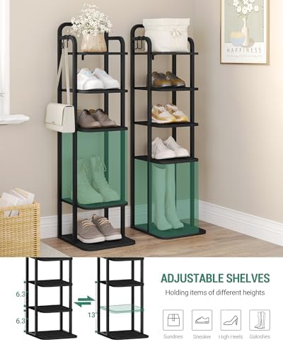 Hzuaneri Vertical Shoe Rack, Shoe Shelves, Wood Shoe Organizer for Closet, Entryway, Shoe Tower for Small Spaces, Free Standing, Adjustable, with 2 Hooks, 6 Tier Black SR04204B - Image 4