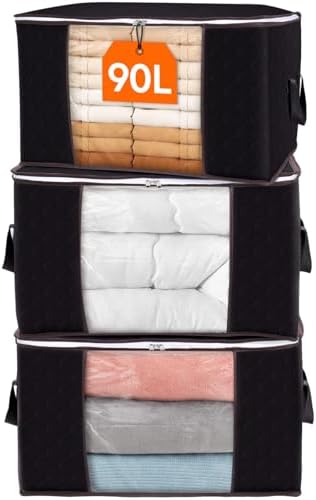 Lifewit Large Capacity Clothes Storage Bag Organizer with Reinforced Handle Thick Fabric for Comforters, Blankets, Bedding, Foldable with Sturdy Zipper, Clear Window, 3 Pack, 90L, Black by Lifewit