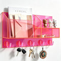 Acrylic Key Holder Wall Mount Mail Organizer for Wall with Shelf Storage Drawer and 5 Hooks, Neon Pink by HappyDino