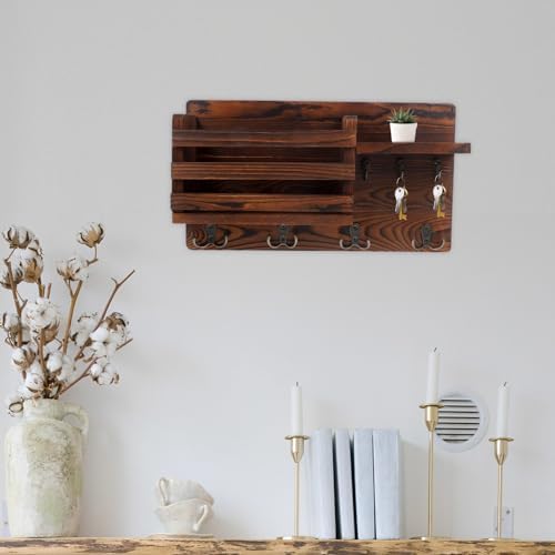 ARTIBETTER Key Holder Entryway Wood Floating Shelf Umbrella Hook Wooden Mail Rack Organizer Wall Coat Hooks Farmhouse Hanging Mail Organizer Wall Key Rack Living Room Multifunction Decorate - Image 7