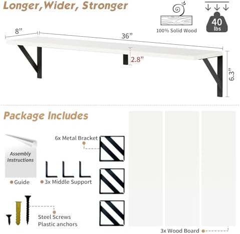 Forbena White Floating Book Shelves for Wall, 36 Inches Long Wall Shelves with Metal Brackets for Bedroom, Large Floating Bookshelf Bookshelves for Living Room Office Classroom (White Wood) - Image 7