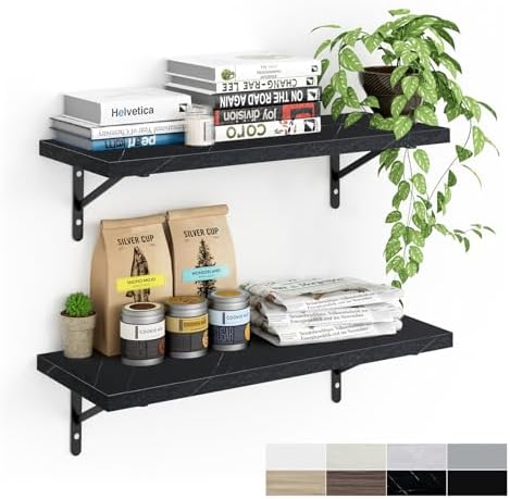 Kaboon 27 inch Long 10 inch Deep Floating Shelves for Wall Set of 2, Large Open Shelves Wall Mounted, Space Saving Home and Commercial Use, Cloud Atlas/Black Marble by Kaboon