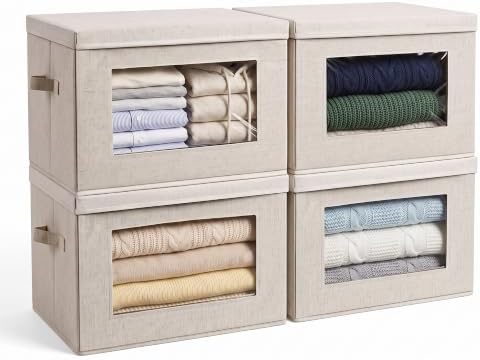 4-Pack 15" Fabric Storage Bins with Lids, Closet Organizers and Storage Boxes with Clear Window, Foldable Clothes Baskets for Blankets, Beige by Anywish