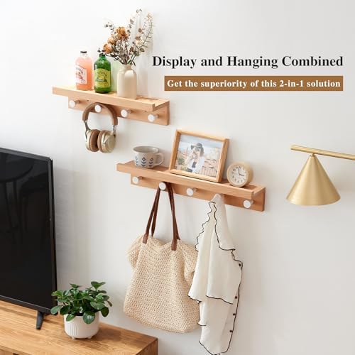 Wall Hooks with Shelf 24 inch, Beech Wood Entryway Wall with 5 Hooks, Floating Shelf Coat Rack for Bathroom, Living Room, Bedroom - Image 3