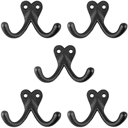 Renovators Supply Manufacturing Double Wall Hook, Cast Iron Black Powder Coat, Coat Towel Robe Hanger, 3.25 in W x 2.25 in H x 1.25 in Proj, Pack of 5 by RenovatorsSupplyManufacturing