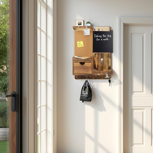 Key Holder Wall Mount with Drawer and Mail Organizer, Natural Wood - Image 3
