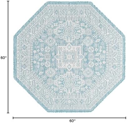 Rugs.com Outdoor Aztec Collection Rug – 5 Ft Octagon Aqua Flatweave Rug Perfect for Living Rooms, Kitchens, Entryways - Image 2