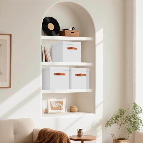 Homsorout Storage Bins with Lids - Fabric Storage Baskets for Shelves, 8 Pack Foldable Decorative Boxes with Handles, Stackable Organizer Bins for Home, Nursery, Dorm, White - Image 2