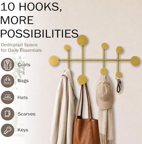 Wall Mounted Coat Rack, Minimalist Metal Coat Hooks for Entryway, Gold - Image 5