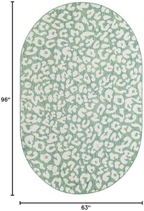 Unique Loom Outdoor Safari Collection Area Rug - Leopard (5' 3" x 8' Oval Green Blue/Ivory) - Image 2