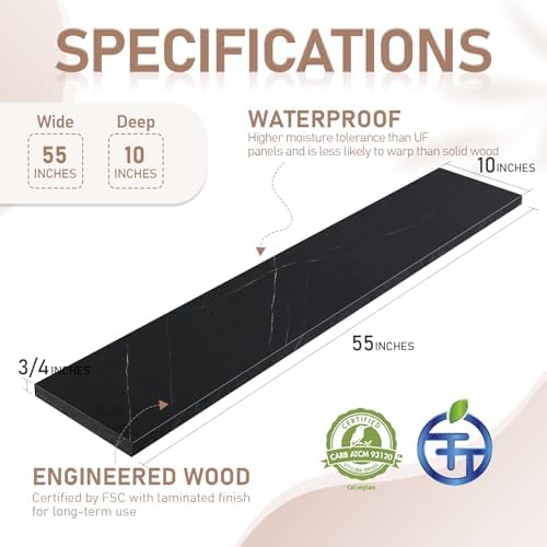 Kaboon 55 inch Long 10 inch Deep Floating Shelves for Wall Set of 2, Large Open Shelves Wall Mounted, Space Saving Home and Commercial Use, Cloud Atlas/Black Marble - Image 3