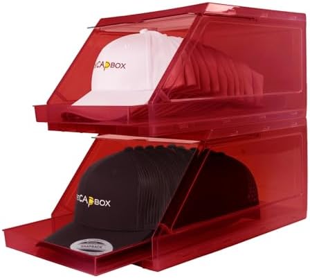 The CapBox 2.0 (2 Pack Red) Hat Organizer for Baseball Caps, Stackable Sliding Tray Hat Rack & Hat Holder Hat Hanger Cap Storage Container 2 Yr. Warranty Anti Tilting & Tray Stopper - Image 2