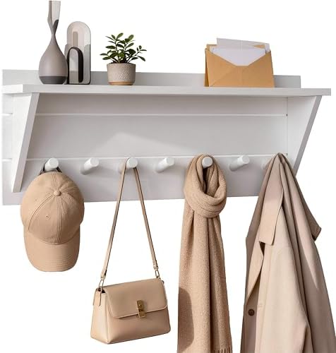 WEBI Coat Rack Wall Mount with Shelf,30" Long Entryway Wall Shelf with Hooks Underneath,7 Peg Hooks for Hanging Coats,Caps,Jacket,Clothes,White by WEBI