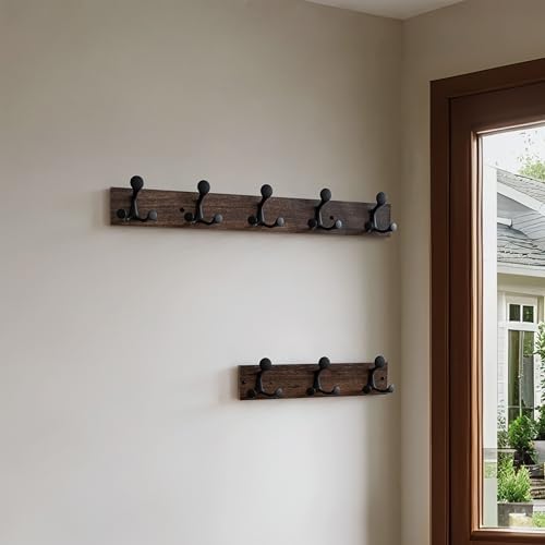 SKOLOO 30-Inch Wood Burnt Coat Rack Wall Mount with 5 Triple Hooks - Ideal for Family Entrances, Classrooms, and Pet Supplies Storage - Perfect Coat Hooks for Wall, Pack of 2 - Image 3
