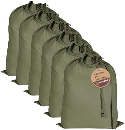 LFH Home Large Premium Cotton Rich Canvas Laundry Bag with Drawstring and Handles Heavy Duty, Multi-Use, and Washable for Home, Travel, College or Storage 20x30 (Pack of 6)-Military Green by LFHHomePrivateLimited