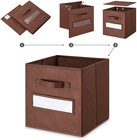 11 Inch Storage Cube,Storage bin,cube storage (Set of 10) Foldable Fabric Cube Storage Bins with 10 Labels Window Cards & a Pen,Baskets Containers for Shelves,Closet Organizers Box,Brown - Image 4