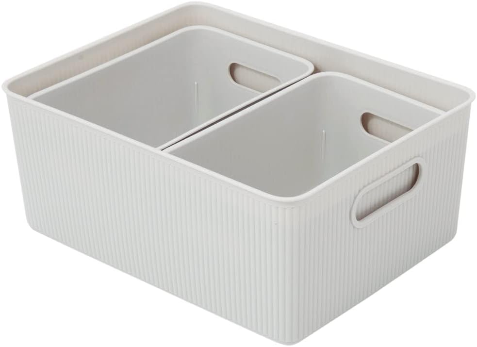 Superio Ribbed Collection - Decorative Plastic Basket Open Home Storage Bins Organizer, White Smoke (Set of 3) 1 Large, 2 Medium - Container Boxes for Organizing Closet Storage Bins for Shelves by Superio