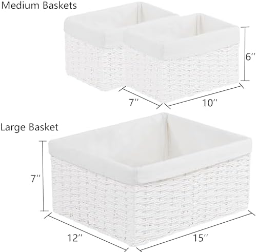 Vagusicc Wicker Basket, Set of 3 Hand-woven Storage Baskets for Organizing, Decorative Rectangle Wicker Storage Basket Bins with Handles, Small Toilet Paper Storage Baskets for Shelves & Decor, White - Image 5