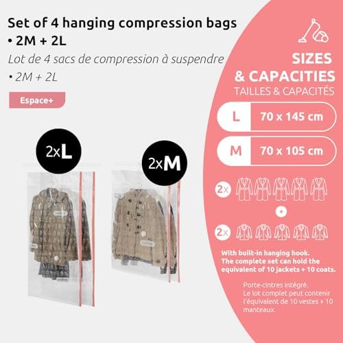 Compactor Aspispace Set of 4 Vacuum Compression Bags - Medium/Large Sizes, Transparent, Space-Saving Storage Solution - Image 2