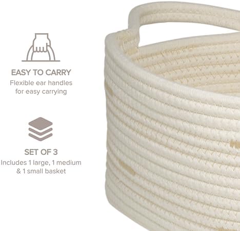 RGI Home Storage Baskets for Organizing, Fabric Rope, Set of 3, Decorative Woven Bins with Easy-Carry Handles, Multiple Sizes, Durable and Stylish, Ivory with Beige Accents - Image 4