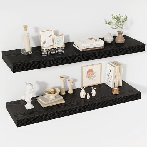 Acovy 40 Inch Floating Shelves, 12" Deep Floating Shelf Wall Mounted, 40" Wall Shelves, Rustic Deep Bookshelf, Extra Deeper & Thicker Display Shelves for Bedroom, Living Room, Black, Set of 2 by Acovy