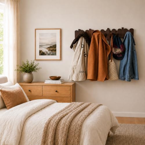 Wooden Coat Rack Wall Mount, Flip-Down Hooks, Walnut, 10 Hooks - Image 4