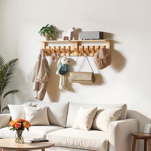 Piano Key Coat Rack Wall Mount with Shelf and 12 Hooks, Natural HWS008N-2 - Image 5