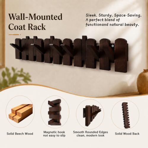 Wooden Coat Rack Wall Mount, Flip-Down Hooks, Walnut, 10 Hooks - Image 6