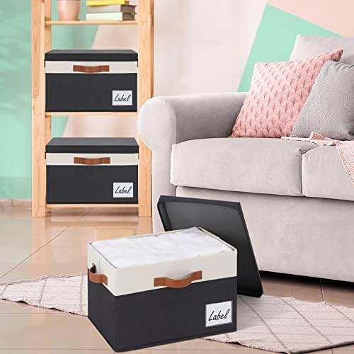 GhvyenntteS Fabric Storage Bins with Lids 6 Pack, Foldable Fabric Storage Baskets with Lid and Handles, Large Closet Organizers and Storage boxes with Label for Home Office (Black, 15" x 11" x 9.7") - Image 6