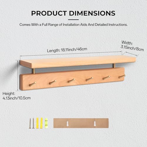 Beech Wood Coat Rack with Shelf, Wall Mounted Rack with 6 Hooks - Image 4