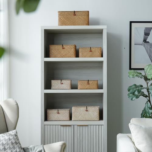 4 Pack, Wicker Baskets with Lids, Natural Seagrass Storage Baskets, Woven Rectangular Basket Bins, Rattan Storage Organizer for Shelf (Whitewashed, Set of 4) - Image 2