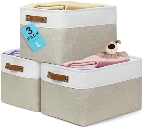 OrganiHaus 15x11in Canvas Storage Baskets 3 Pack - Fabric Bins for Shelves by OrganiHaus