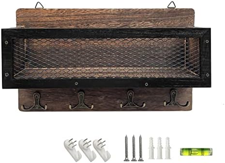 Mail and Key Holder for Wall Decorative, Wooden Wall Key Rack Organizer with 4 Double Key Hooks, Wall Mount Key Hanger for Entryway, Storage, Living Room, Hallway, Kitchen (Brown) by LYFJXX