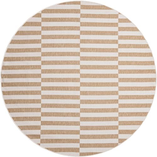 Unique Loom Outdoor Striped Collection Area Rug - Striped (7' 10" Round Taupe/Ivory) - Image 3