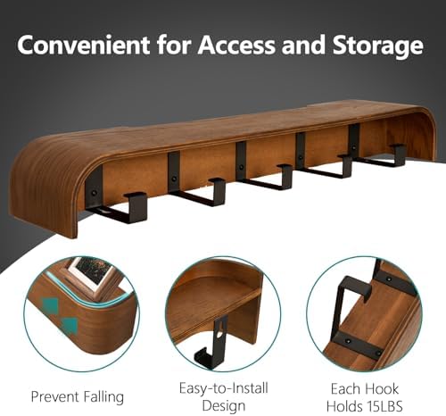 Coat Rack Wall Mount with Hidden Hooks Modern Key Holder Wood Entryway Hook with Shelf for Bedroom Kitchen Hallway Bathroom Designed for Hanging Coats Hats Bags Towel Dog Leashe(Walnut,5 Hooks) - Image 4