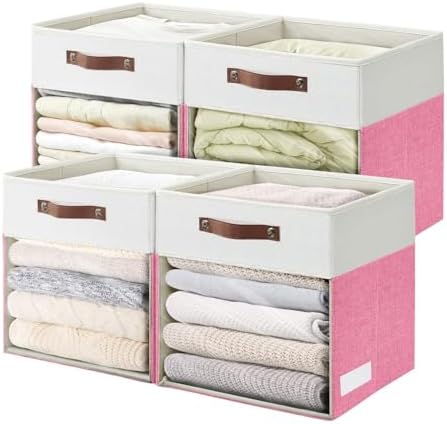 Bagnizer Storage Cubes, 4 Pack Linen Foldable Storage Bins with Clear Window and 2 Handles, 13x15x13 Storage Cube Bins for Shelf Closet, Kallax, Clothes, Books - (Pink / Off-White) by Bagnizer
