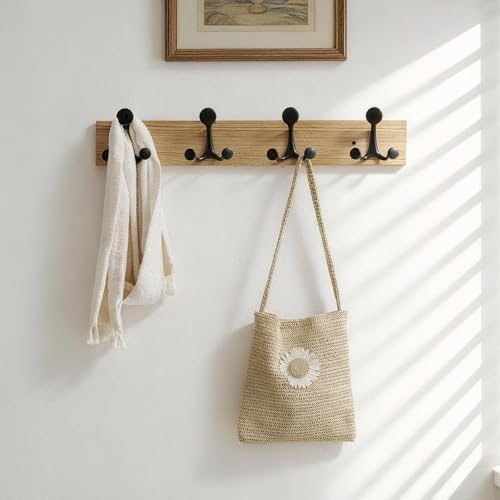 SKOLOO 24-Inch Wood Coat Rack Wall Mount with 4 Triple Hooks - Ideal for Family Entrances, Classrooms, and Pet Supplies Storage - Perfect Coat Hooks for Wall, Black on Natural - Image 2