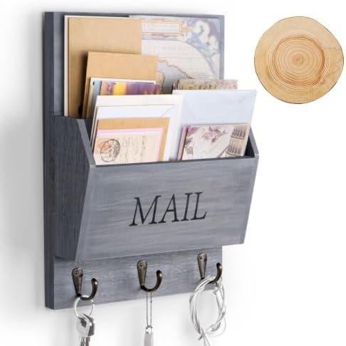 DLQuarts Solid Wood Mail Organizer with Key Holder for Wall, Mail Sorter Wall Mounted, Decorative Wooden Key and Mail Holder with 3 Hooks, Weathered Gray by DLQuarts