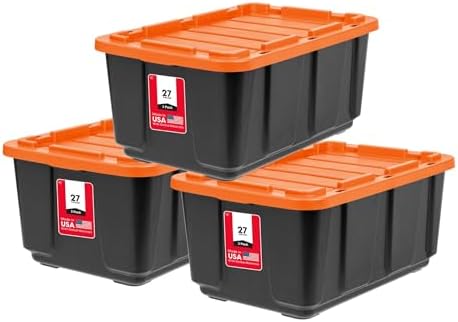 IRIS USA 3-Pack 27 Gal Heavy Duty Storage Tote Bins with Lids, Orange by IRISUSA