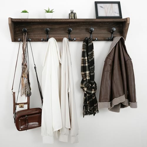 WEBI Wall Shelf with Hooks Underneath,35" Long Wall Mounted Coat Rack with Shelf,Entryway Coat Rack with 5 Triple Hooks for Hanging Coats,Jacket,Hallway,Bedroom,Mudroom,Weathered Brown - Image 2