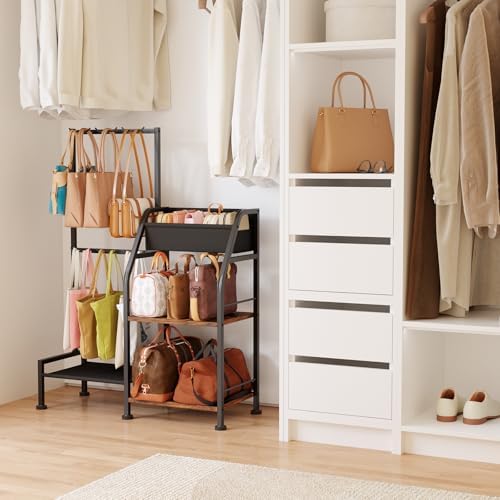 Homsorout Purse Organizer for Closet - Purse Rack Stand with 12 Hooks, 2 Wooden Shelves Purse Storage for Closet, Large Capacity Backpack Storage, Handbag Organizer for Home, Living Room, Black - Image 6