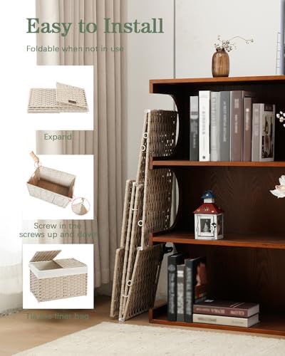 SETVSON Storage Basket with Lid, PE Rattan Storage Bin Light Khaki - Image 4
