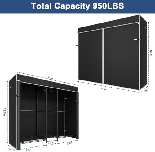 Ulif E12C Pro Heavy Duty Closet Organizer System，Freestanding Clothing Rack, Adjustable Garment Rack 71" W x 16" D x 76.5" H Holds 960 lbs, Black Rack with Black Dustproof Cover - Image 2
