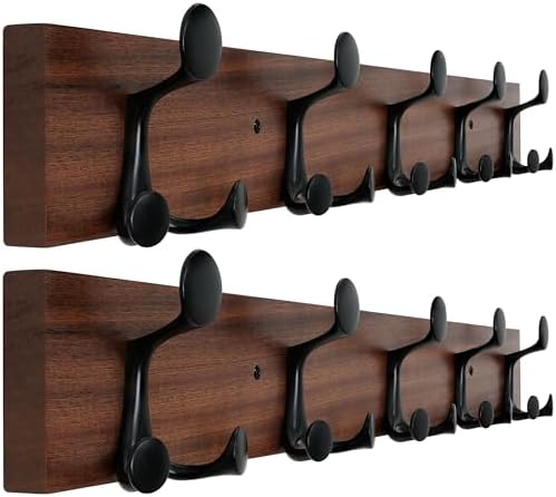 WEBI Coat Rack Wall Mount,30" Solid Wood Coat Hooks Wall Mounted Coat Hanger,16" Hole to Hole,Heavy Duty 5 Triple Hooks for Hanging Coats,Jacket,Hat,Backpack,Farmhouse,Reddish Brown,2 Packs by WEBI
