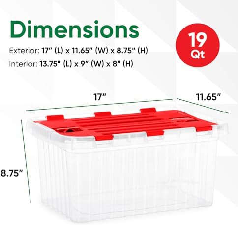 Superio Storage Box with Hinged Lids, Plastic Container Bins for Organizing with Attached Lid, Stackable Crates, BPA Free, Organizers for Home, 19 Quart (Clear with Red Lids, 17"x11.65"x8.75") - Image 2