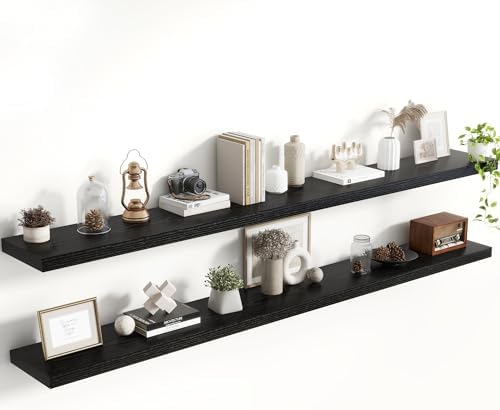 Acovy 72 Inch Floating Shelves, 8 Inch Deep Floating Shelves for Wall, Hanging Shelf with Invisible Brackets, Deep Shelves for Bathroom, Bedroom, Living Room, Black, Set of 2 by Acovy