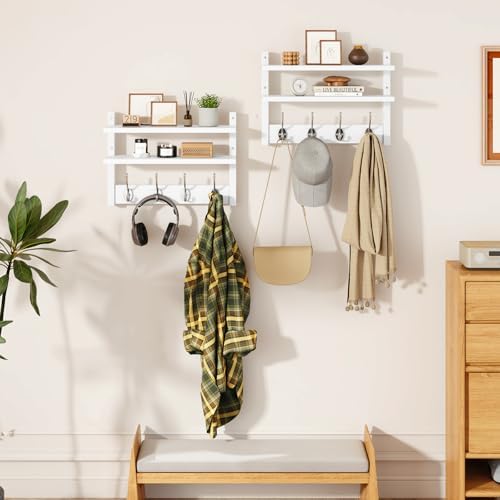 YMYNY Double Shelf Coat Rack Wall Mount with 8 Hooks, White HWS009W-2 - Image 2